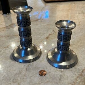 Antique set of 2 Norwegian Haugrud pewter candle holder, 1950s. Nordic motif.